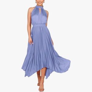 Halter Neck Pleated Garden Dress in Light Blue